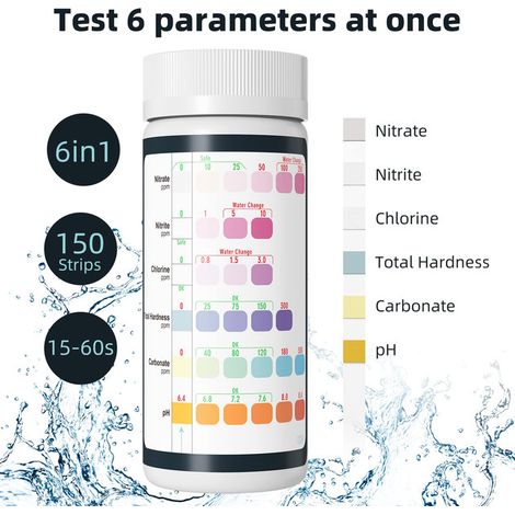 Bandelettes de Test d'Aquarium 6 en 1 Test d'Eau Douce et d'Eau de Mer pour Nitrate Nitrite Chlore Dureté Totale Carbonate et pH Lot de 150