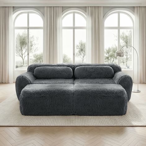 Divano modulare 2 posti con 2 pouf, tessuto peluche grigio, senza montaggio DESVIAE (1/5)