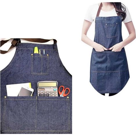 2-teiliges Küchenschürzen-Set aus Denim – Unisex-Schürze mit drei Taschen – extra langer Schultergurt – 74 x 70 cm – Blau (1/5)