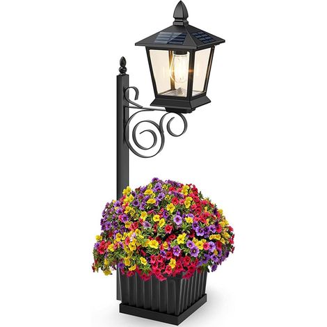 Lampe Solaire sur Poteau avec Jardinière Lanterne Solaire 2 En 1 Et Pot De Lanternes De Jardin Avec Pot De Fleurs pour jardin patio arrière-cour pelouse terrasse balcon appartement (1/5)