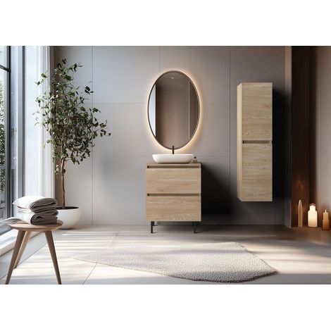 Mobile da bagno 60 cm con piano di lavoro superiore + piedini per mobili, Colore: Rovere Chiaro, 60 x 46 x 80,7 cm (1/5)