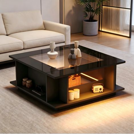 Table basse carrée 70 x 70 x 30 cm, noire, plateau en verre laqué brillant, avec éclairage LED. Peut servir de table d'appoint, de console ou de table de salon. Fabriquée en panneaux de particules, el (1/5)