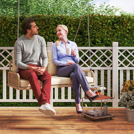 Balançoire Hollywood 2 places en rotin avec coussins et chaînes, jusqu'à 240 kg, 115 x 66 x 44 cm, beige