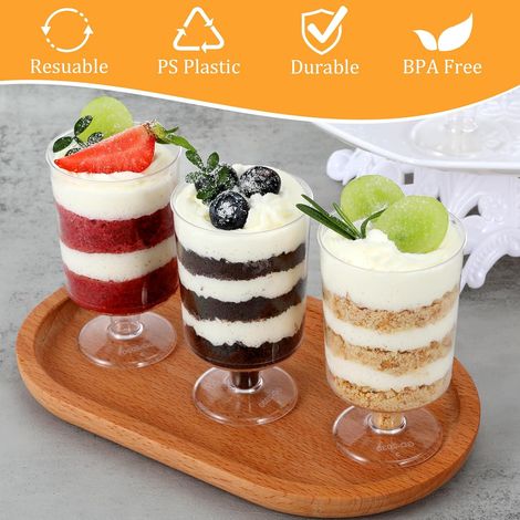 BEBUSINGOTO Paquete de 100 mini vasos desechables para postre, copas de vino de plástico transparente con tallo, vasos para aperitivos y cuencos para servir en degustaciones, bodas y cumpleaños. (1/3)