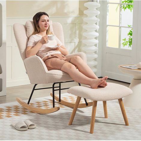Fauteuil à bascule 70.5x101.5x99.5 cm beige en polyester avec repose-pieds et dossier haut (1/5)