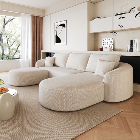 Canapé d'angle courbe droite 3 places avec pouf en tissu chenille,Compressé sans montage,Mousse haute densité,266x168x85cm,Beige (1/5)
