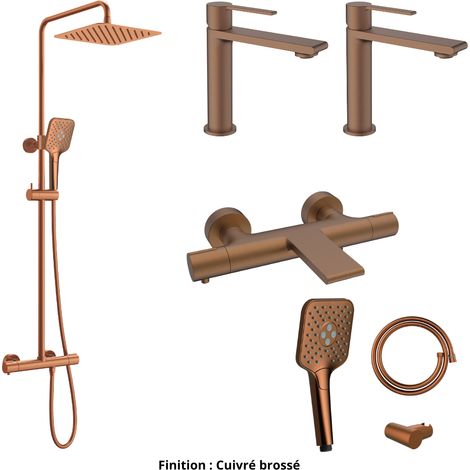 Ensemble 2 Mitigeurs lavabo + Colonne de douche + Mitigeur Bain + Support douchette flexible Couleur Cuivre brossé (1/5)