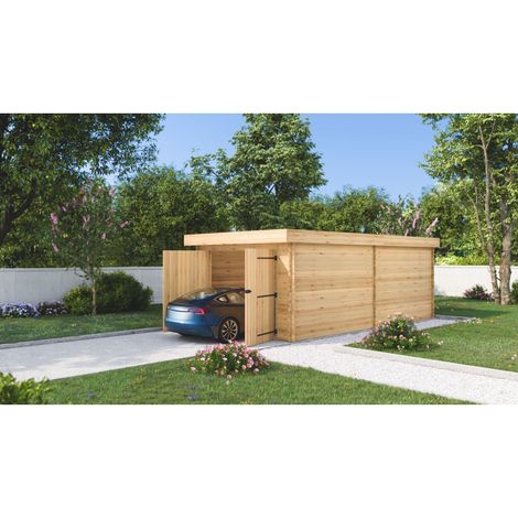 HABRITA Garage bois massif 16,24 m² madriers 28 mm - toit polycarbonate - double porte