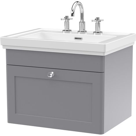Nuie Classique Wall Hung 1-Drawer Vanity Unit with Basin 600mm Wide Satin Grey - 3 Tap Hole (1/5)