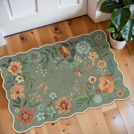 Tapis de porte fleuri 60 x 90 cm, lavable, ultra-fin et doux pour la cuisine, antidérapant (60 x 90 cm, vert) (1/5)