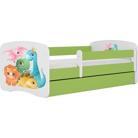 Lit enfant et junior 70 x 140 cm avec tiroir et barrière amovible, motif Dinosaure, vert (1/4)