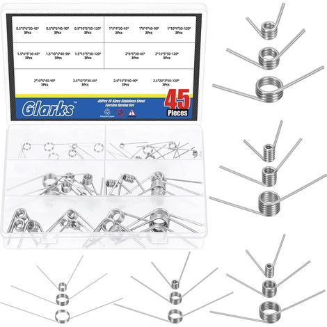 45pcs 15 size V return spring, angle 45/90/120 degree stainless steel torsion spring, 0.5/1/1.5/2/2.5mm wire diameter torsion spring (1/5)