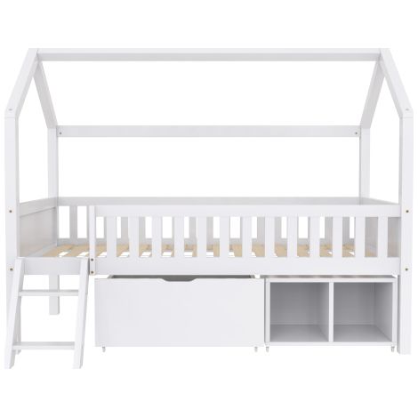 Lit cabane 200x90cm blanc, tiroirs, rangements et rampe antichute (1/5)