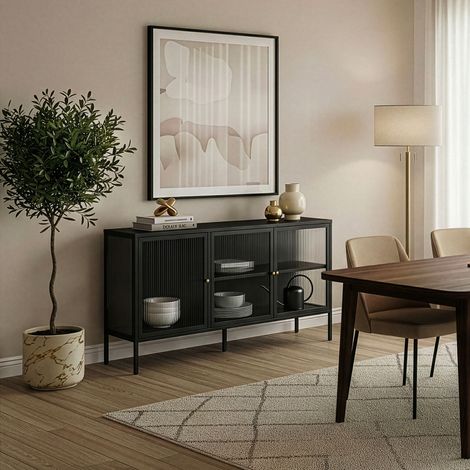 Vitrinen-Sideboard Vinterhavn Stahl 3-türig 80x150x40 cm Schwarz [en.casa]