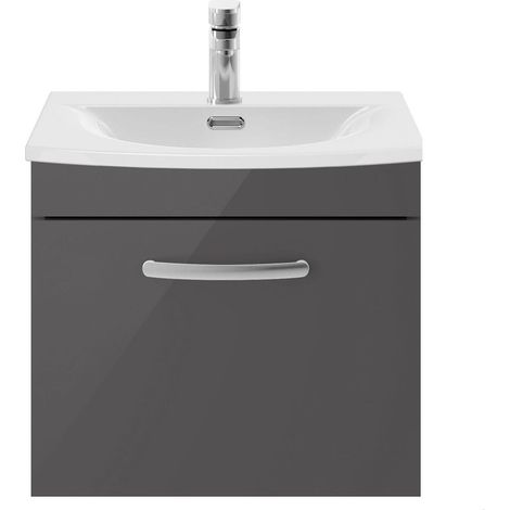 Millwich Contemporary 1 Drawer Wall Hung Vanity Unit with Curved Basin, Gloss Grey, 500mm (1/4)