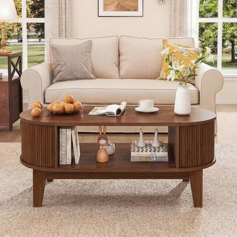 JOOKGBD–Ovale Couchtisch,Wohnzimmertisch,Beistelltisch,aus Nussbaumholz,Staufächer,Industriestil,skandinavisches Design,für Wohnzimmer,Büro,Zuhause,100x50x51 cm