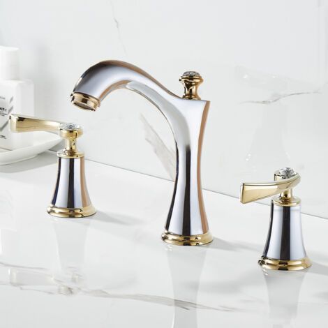 Robinet de Lavabo 3 Trous Séparé, Double Poignée, Mitigeur Eau Froide et Chaude, Salle de Bain (1/4)