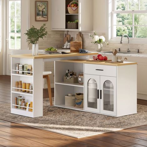 Îlot de cuisine, table tournante à 360°, meuble de rangement, table bar avec tiroir et étagères, blanc (1/5)