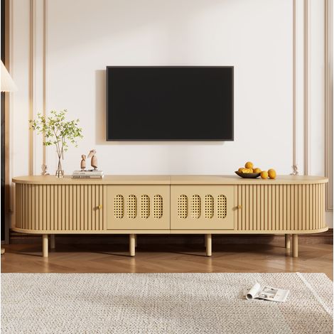 Meuble TV 180x40x40 cm en MDF effet bois clair, design rotin, pour TV 75" (1/5)