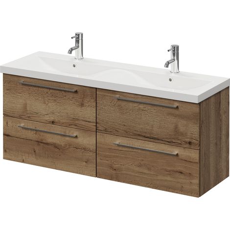 Napoli 390 Tobacco Oak 1200mm Wall Mounted 4 Drawer Vanity Unit with Double Glide Basins - 1200mm - Chrome 320mm Handle