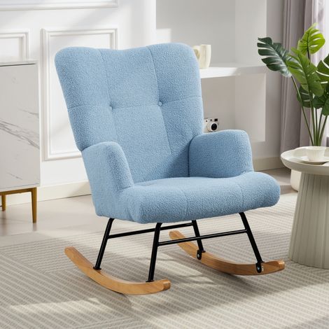 Fauteuil à bascule en velours Teddy avec dossier haut, pieds en bois d'hévéa et accoudoirs bleu clair (1/4)