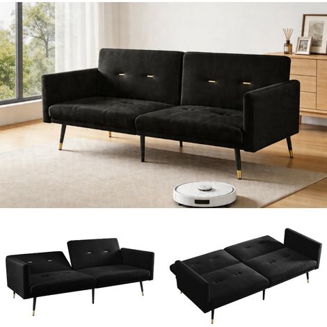 Canapé-lit 2 places noir en velours avec dossiers réglables et fonction couchage (1/5)