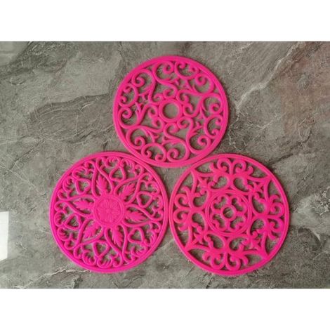 Dessous de plat en silicone, dessous de plat pour casserole et poêle, dessous de plat rond épais finement sculpté, lot de 3 (rose) (1/4)