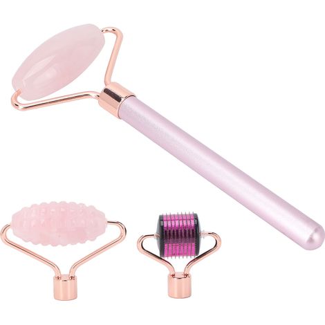 Rouleau de Massage Visage 3 en 1 en Quartz Rose avec Rouleaux à Micro-aiguilles (1/5)