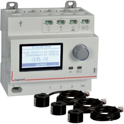 Pack Ecocompteur modulaire standard composé d'un écocompteur référence 412030 et de 3 tores fermés 60A référence 412008 - LEGRAND