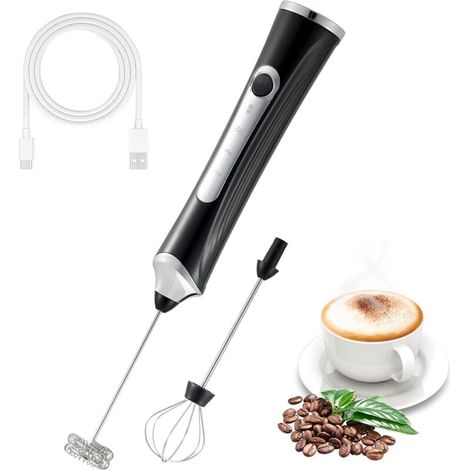 Mousseur à lait électrique portatif avec 2 têtes de mousse, rechargeable par USB, 3 vitesses (noir) (1/5)