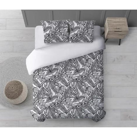 Parure de couette - JUANIO - Housse de couette - Coton 120 g/m² - Motif feuille noir/blanc - Anti-acarien (1/3)
