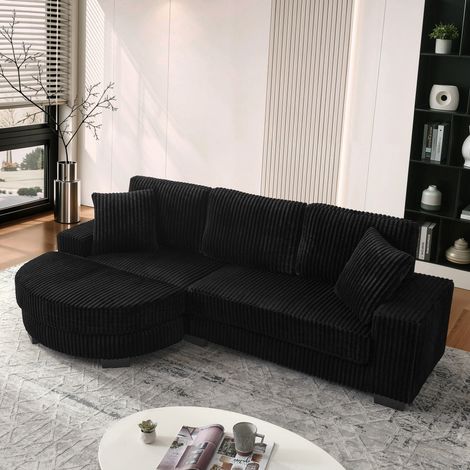 Canapé d'angle en L 256.5x133.5x89 cm Modulable canapé avec pouf ovale et 2 coussins Pour salon et bureaux Velours côtelé Noir (1/5)