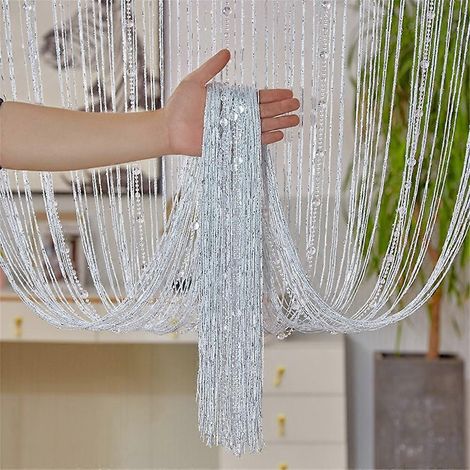 Rideau de perles de cristal 100 x 200 cm pour chambre à coucher ou salon, séparateur de porte décoratif à pompons ( ) (1/3)
