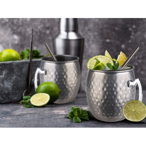 Cocktail-Set MOSCOW MULE 2x Becher, Edelstahl antik inkl. Strohhalme
