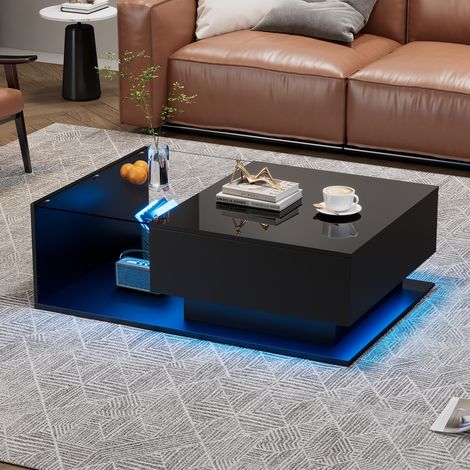 Table basse noire haute brillance 100x50x32 cm - avec plateau en verre et tiroirs, résistante aux rayures, avec 1 tiroir, éclairage LED, style moderne (1/4)