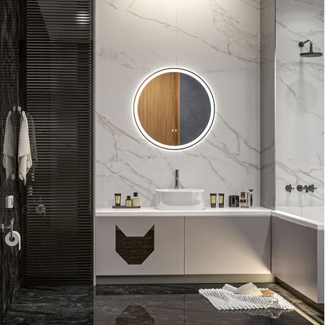 Miroir LED rond Ø60 cm en aluminium blanc, anti-buée, pour salle de bain moderne FloraGrace (1/5)