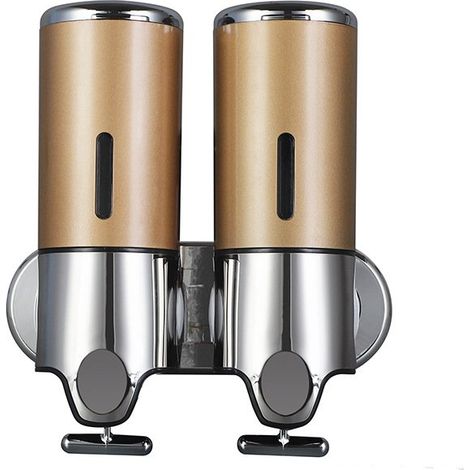 Dispensador de jabón de pared de 450 ml, dispensador de jabón de manos de doble cabezal, dispensador de champú líquido y gel de ducha para cocina, baño y hotel (dorado) (1/5)