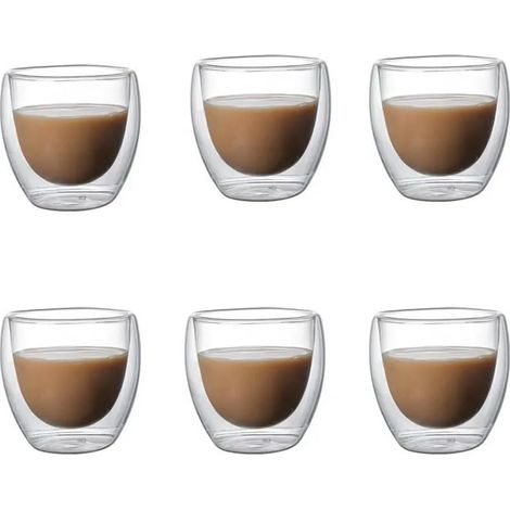 Lot de 4 Verres À Eau 6 Emballage Transparent en Verre Mural Double Tasse De Café Tasse Isolée pour Le Lait d'eau À Café en Verre Tasse-6 Pcs-51-100 ML (1/5)