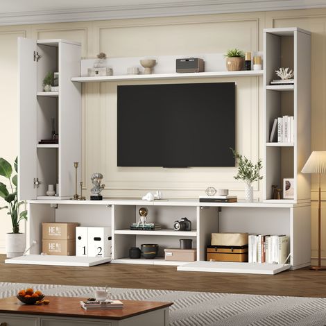 Ensemble mural TV 180x35x33,5 cm 4 pièces avec vitrines et meuble média,panneau TV étagères murales adapté TV jusqu’à 80 pouces blanc et bois.