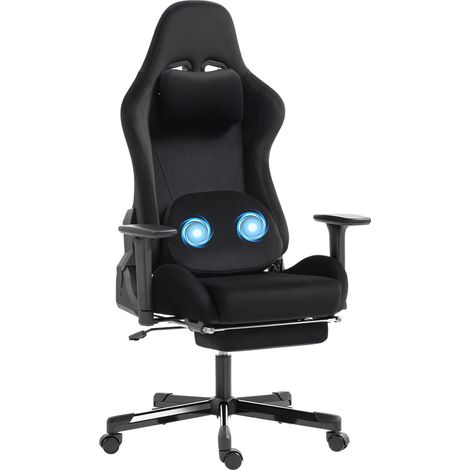 Chaise gaming - HOMCOM - massante et coussin lombaire chauffant - inclinable - accoudoir 3D - lin - 70,5x73x137,5cm - noir (1/5)