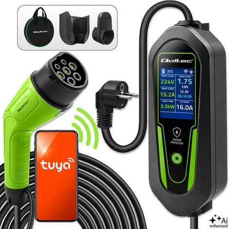 Cargador Qoltec para coches eléctricos e híbridos con regulación 2 en 1 Tipo 2 3,5 kW 230 V SCHUKO 16 A Wi-Fi Tuya S