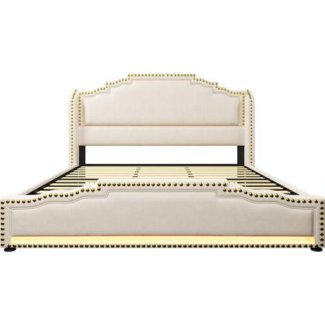 Cama canapé 180x200 cm de terciopelo beige con 4 cajones, LED y puertos USB-C HOMVRA (1/5)