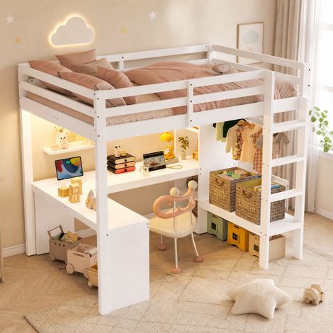 Letto a soppalco 140/200 cm in bianco con scrivania, LED, USB e scaffali multifunzione (1/5)