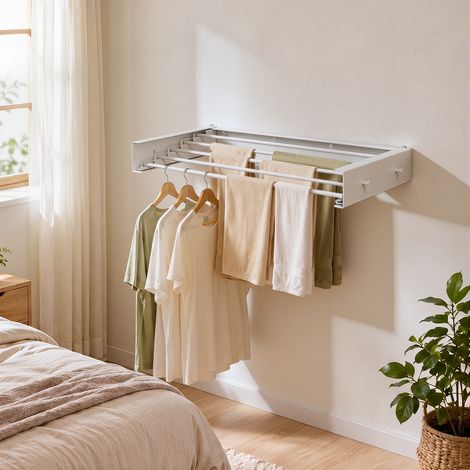 Wolketon Wandtrockner klappbar 80 cm, Wand-Wäscheständer für Balkon, Terrasse & Innenbereich, rostbeständige Beschichtung wetterfester Wandtrockner, 5 Stangen, 25 kg Tragkraft, Weiß (1/5)