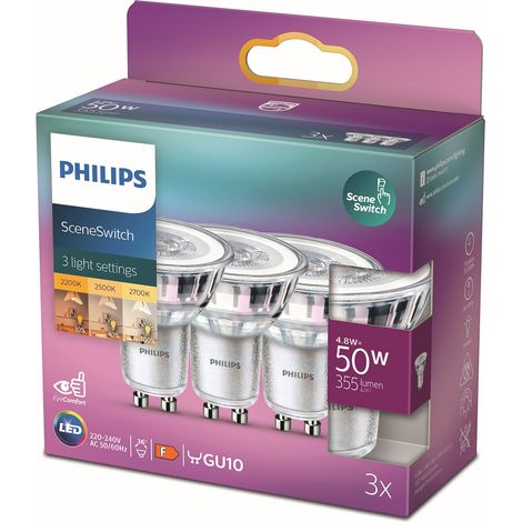Philips LED SceneSwitch Foco GU10 50W Regulable Luz blanca cálida - 3 unidades (1/5)