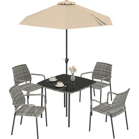 Outsunny 4 Seater Rattan Dining Set with Parasol, Light Grey