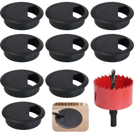 9 pièces Passe Cable Bureau avec Scie Cloche 60mm œillets de Bureau Cache-câble pour Câble Rond Couvercle Passe Câble pour La Maison Et Le Bureau Rangements De Câbles (Noir) (1/5)