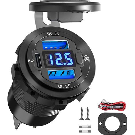 3-USB Aluminium Prise USB 12V Chargeur de Voiture: 12V/24V Prise Encastrable de Voiture PD 3.0 et QC 3.0 avec Interrupteur Voltmètre Imperméable Charge Rapide Bateau Camion Caravane Moto (1/5)