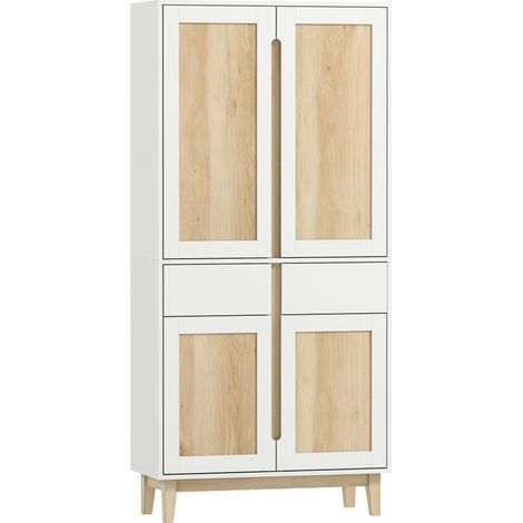 Hohes Küchen-Sideboard mit 4 Türen, 2 Schubladen und verstellbaren Einlegeböden, 80 x 35 x 170 cm, Ausführung in weißer Eiche