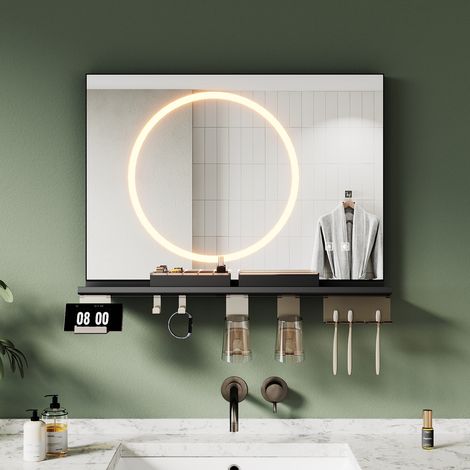 SIRHONA 70×50cm Miroir lumineux de salle de bain avec étagère de rangement, antibuée, éclairage 3 couleurs, éclairage réglable, bande lumineuse circulaire